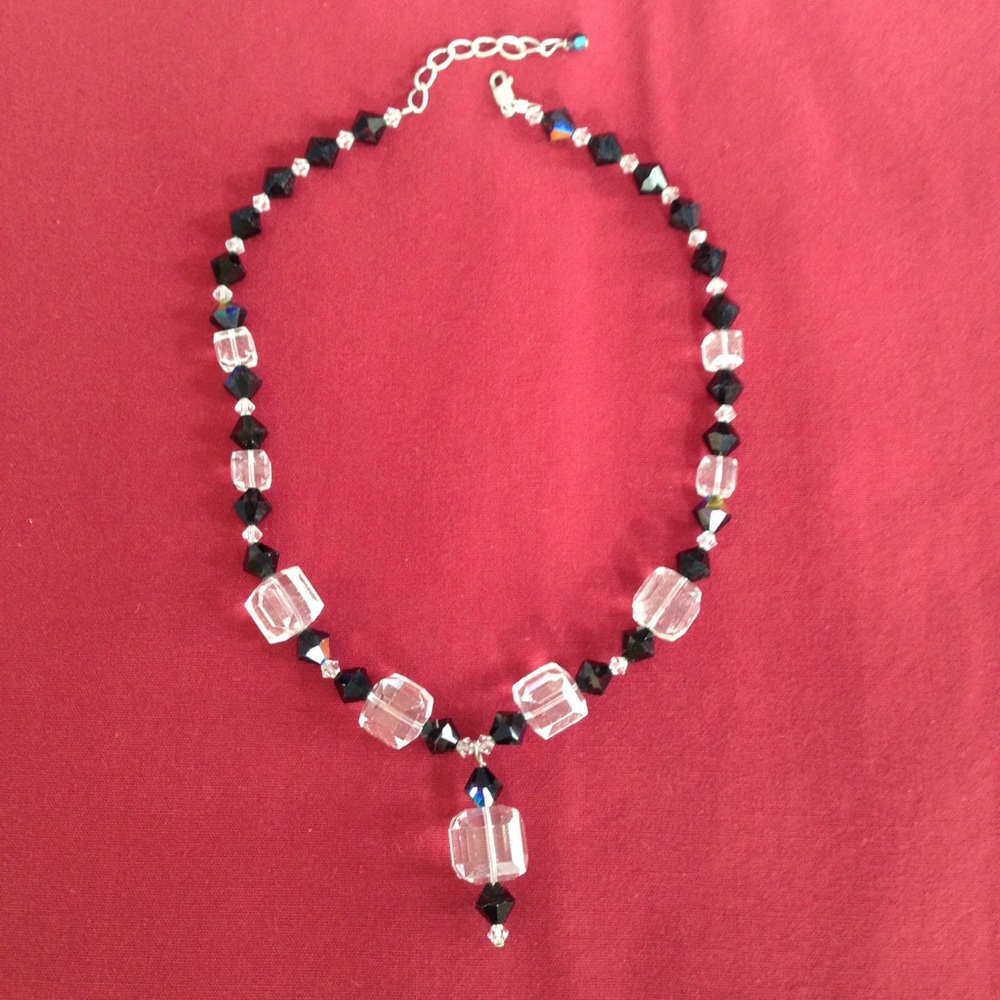 Clear Lucite and Jet Beaded Necklace